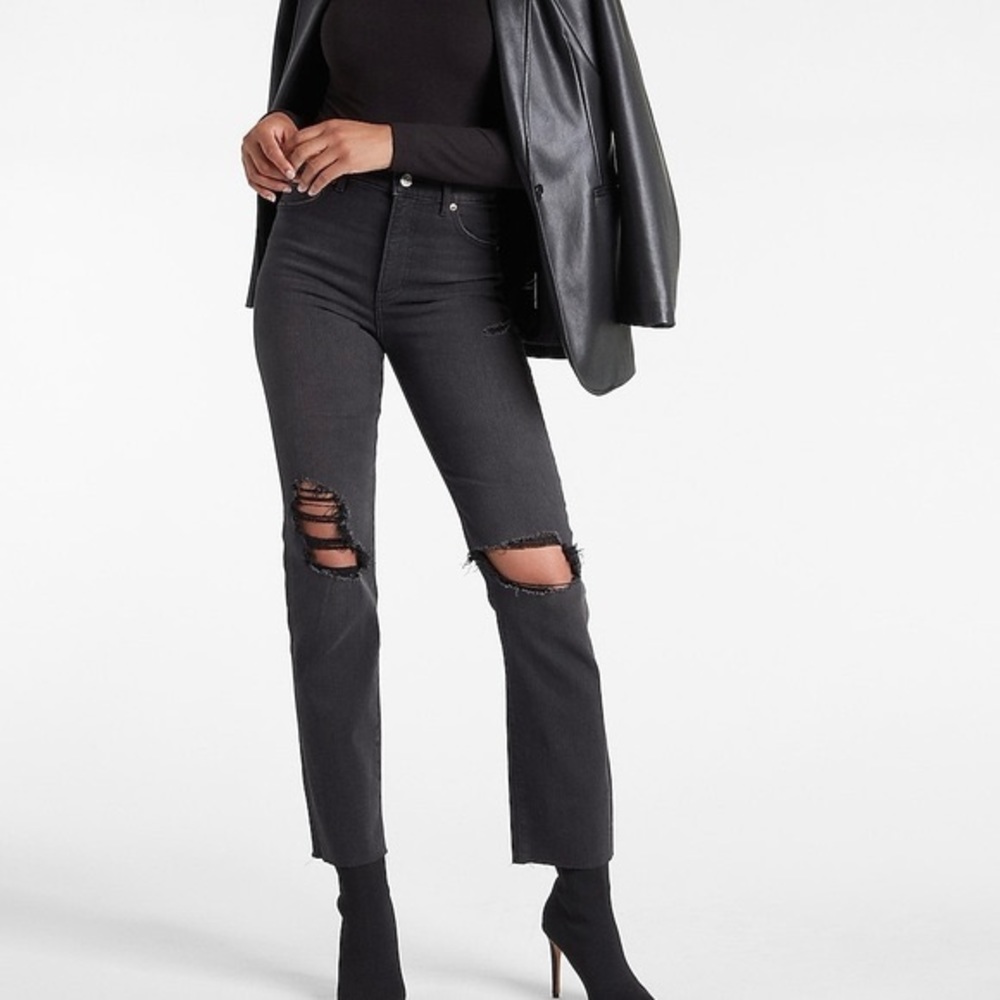 Express Super High Waisted Black Ripped Straight Denim/Jeans Knew Cut Size 0S